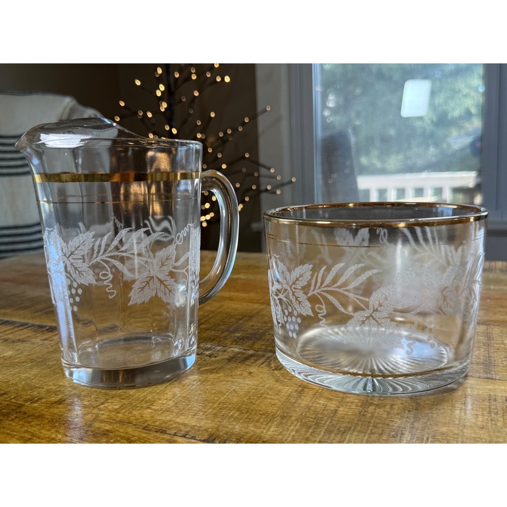 Vintage MCM Glass Pitcher and Ice Bucket Set Gold Rim Frosted Grape Vine White